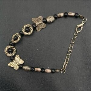 Silver Tone Butterfly And Black Beaded Bracelet
